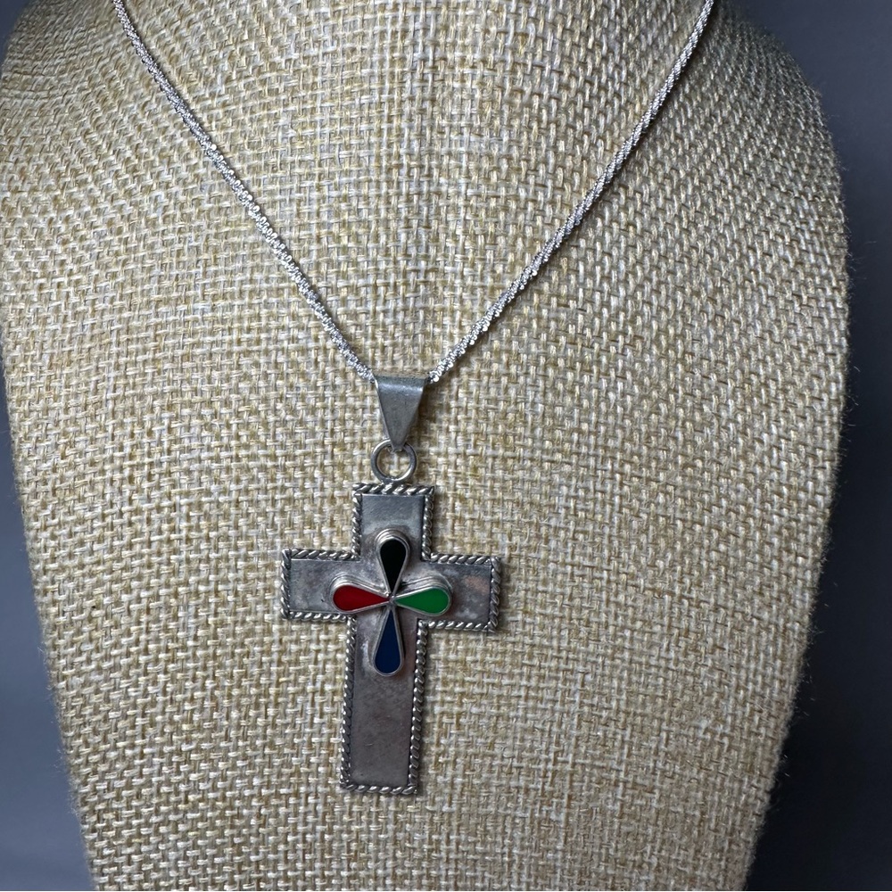 Taxco Silver Cross Necklace with Multicolor Inlay